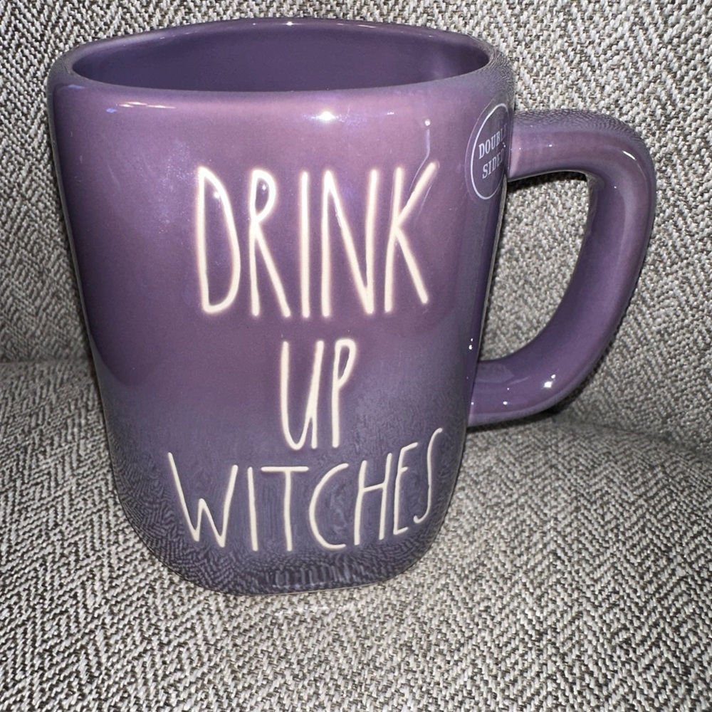RAE DUNN "DRINK UP WITCHES" WITCHES HAT DOUBLE SIDED PURPLE IRIDESCENT MUG HTF